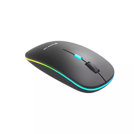 Black computer mouse with colorful lighting on a white background