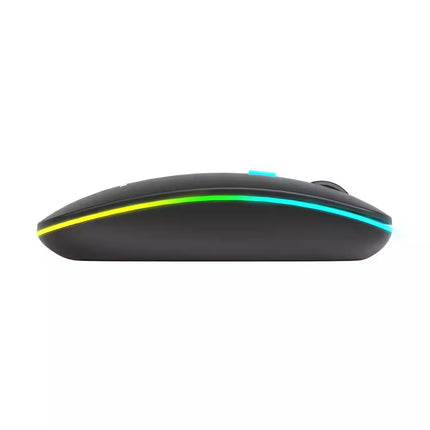 Black computer mouse with colorful LED lights on a white background