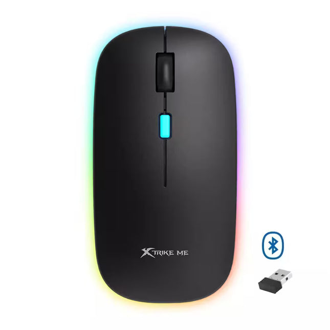 Black computer mouse with RGB lighting effects on a white background, featuring the XStrike Me brand.