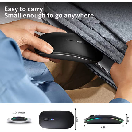 Person holding a black mouse with a gray bag, text 'Easy to carry, Small enough to go anywhere', and mouse dimensions displayed.