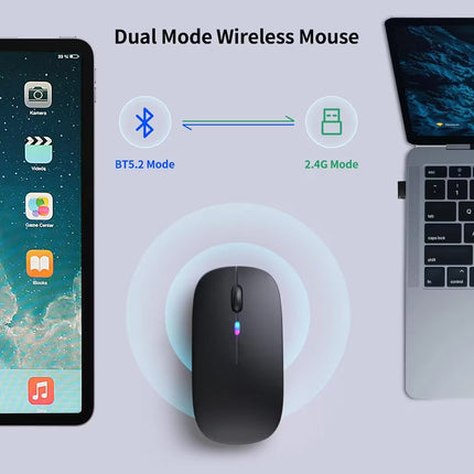 Dual mode wireless mouse with smartphone and laptop on a light gray background