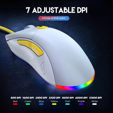 White gaming mouse with RGB lighting on a dark background