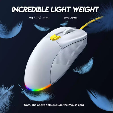 White gaming mouse with rainbow lighting on a dark background with feathers