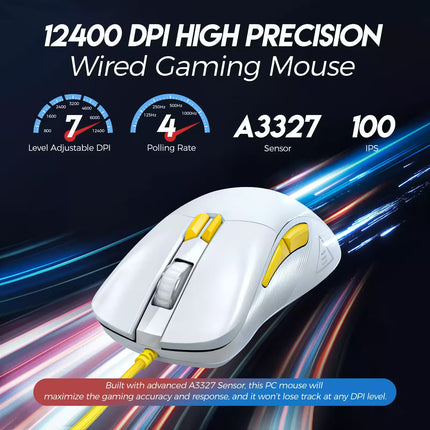 Gaming mouse with specifications on a dynamic background