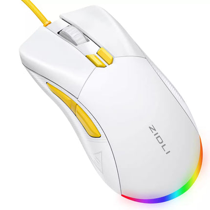 White gaming mouse with yellow accents and RGB lighting on a white background