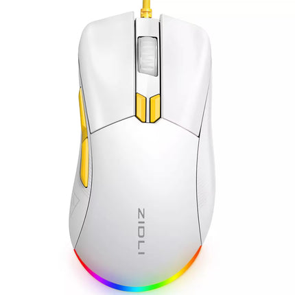 White gaming mouse with rainbow LED lighting on a white background
