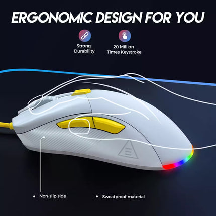 Ergonomic gaming mouse with highlighted features on a dark background