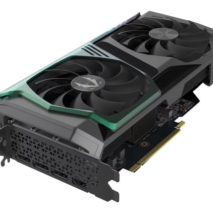 A high-performance NVIDIA graphics card with a dual-fan design, featuring a black and dark gray heatsink shroud with a distinctive green accent strip and a gold PCIe connector.