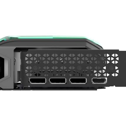 A close-up of a black computer graphics card or PCIe adapter module with a green accent strip along the top edge, showing multiple HDMI ports on the front, set against a plain white background.