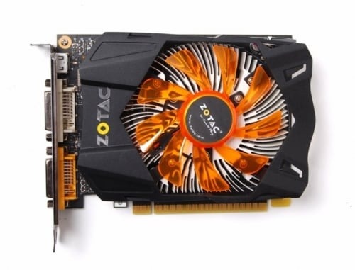 ZOTAC graphics card with orange fan on a white background