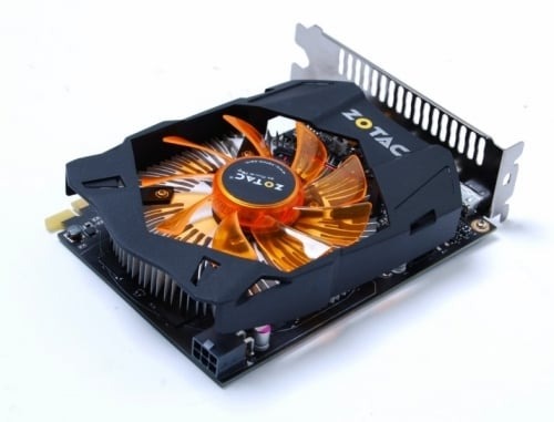 Zotac graphics card with cooling fan on a white background