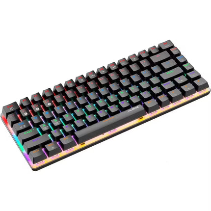 A compact mechanical gaming keyboard with black keycaps and vibrant RGB backlighting, shown at an angle on a solid white background.