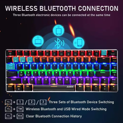 A promotional graphic for a RGB backlit mechanical keyboard showing a 107% compact layout with multicolor lighting. The image includes marketing text about wireless Bluetooth connection, Bluetooth device switching, USB wired mode switching, and clear Bluetooth connection history, with illustrative icons above the keyboard.