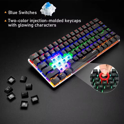 A compact mechanical keyboard with black keycaps and multicolor RGB backlighting, shown on a dark surface with feature callouts and a close-up inset of a blue switch and red keycap.