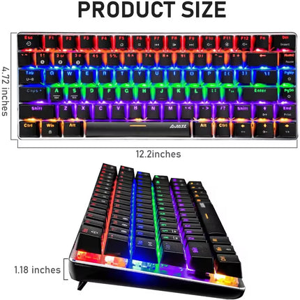 Product size diagram showing a compact mechanical keyboard from two angles with dimension labels: a top-down view marked 12.2 inches wide and 4.