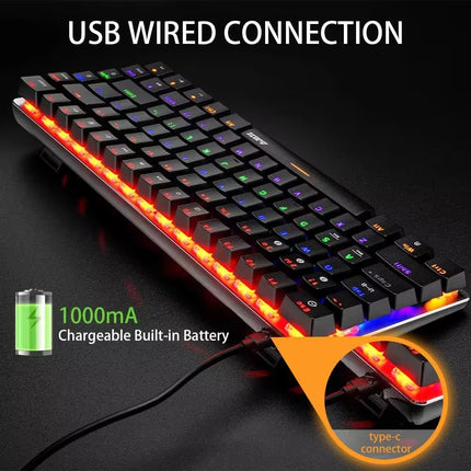 A black mechanical keyboard with RGB backlighting and a built-in battery, shown on a dark background with text reading 'USB WIRED CONNECTION' and '1000mA Chargeable Built-in Battery.' An orange callout highlights the Type-C connector.