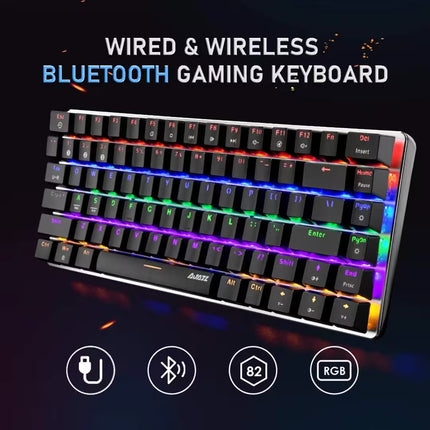 A wired and wireless Bluetooth gaming keyboard shown at an angle on a dark background with colorful RGB backlighting. The keyboard has black keycaps with white lettering and multicolor LED lighting across the keys.