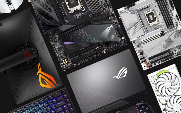 Collage of ASUS ROG (Republic of Gamers) products including motherboard, laptop, keyboard, and mouse.
