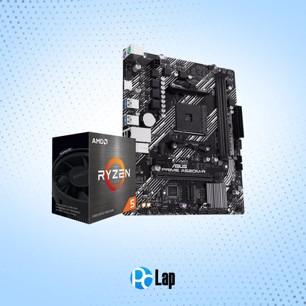 Motherboard and AMD Ryzen CPU packaging on a light blue background