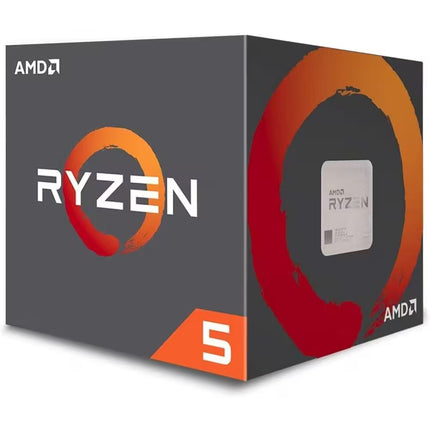 An official product box for the AMD Ryzen 5 desktop processor, featuring the prominent orange and grey Ryzen circle logo on the front and a cutout on the side displaying the physical CPU inside.