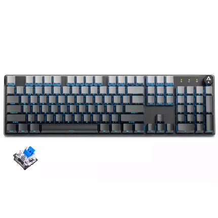 A full-size mechanical keyboard with a black frame, gray keycaps, and blue backlighting, shown on a white background with a small switch component pictured in the lower-left corner.