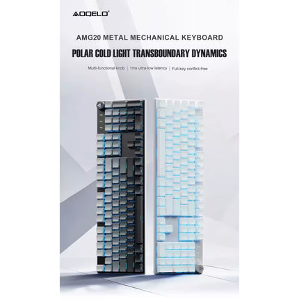 A promotional product graphic for the AOEO AMG20 metal mechanical keyboard, showing two vertical keyboard views side by side: one with dark gray/black keys and blue backlighting, and one with white keys and blue backlighting. Text at the top reads 'AOEO' and 'AMG20 METAL MECHANICAL KEYBOARD' with 'POLAR COLD LIGHT TRANSDYNAMIC.