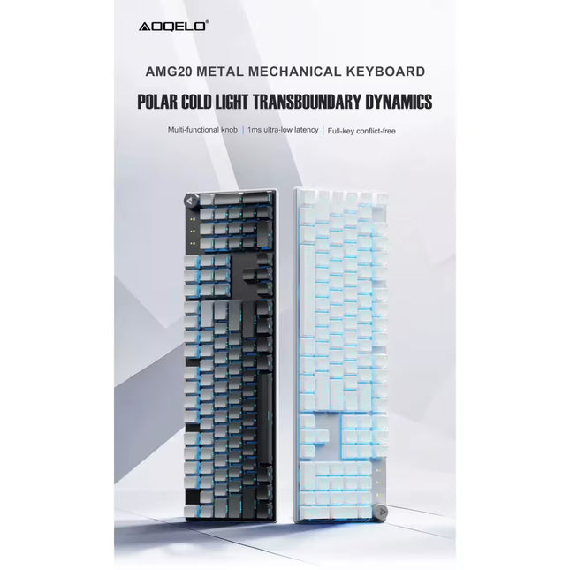 A promotional product graphic for the AOEO AMG20 metal mechanical keyboard, showing two vertical keyboard views side by side: one with dark gray/black keys and blue backlighting, and one with white keys and blue backlighting. Text at the top reads 'AOEO' and 'AMG20 METAL MECHANICAL KEYBOARD' with 'POLAR COLD LIGHT TRANSDYNAMIC.