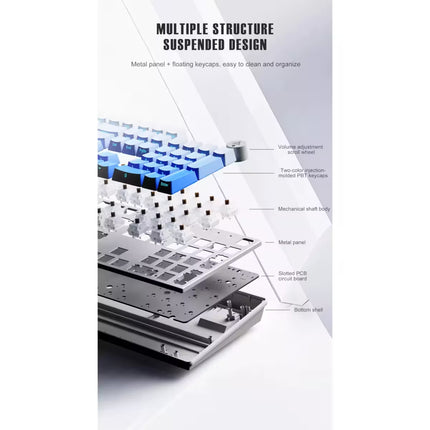 Technical product diagram showing a suspended mechanical keyboard frame with labeled parts such as the metal panel, routing keycaps, PCB, and bottom shell, plus the headline 'MULTIPLE STRUCTURE SUSPENDED DESIGN' on a white background.