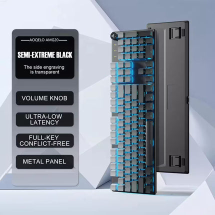 A QOQELIO AM620 mechanical keyboard shown in a clean studio render with a transparent side panel revealing the key switches and blue LED lighting. A vertical feature callout on the left lists semi-extreme black, transparent engraving, volume knob, ultra-low latency, full-key conflict-free, and metal panel.