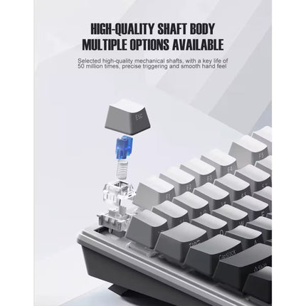 Promotional graphic for a mechanical keyboard keycap and switch component, showing a floating gray keycap above a close-up of a keyboard with a blue switch and clear spring. Text reads 'HIGH-QUALITY SHAFT BODY' and 'MULTIPLE OPTIONS AVAILABLE'.