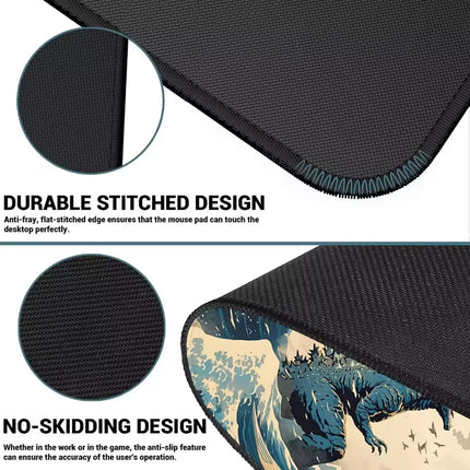 Black mouse pad with artistic design, highlighting durable stitching and no-skidding features.