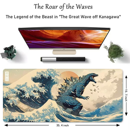 A large desk mat featuring a stylized print of Godzilla rising from the waves, inspired by 'The Great Wave off Kanagawa'. The image includes product dimensions (35.