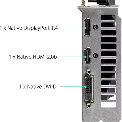 Product feature graphic showcasing the rear I/O bracket of an ASUS Phoenix graphics card, with text callouts pointing to 1 x Native DisplayPort 1.4, 1 x Native HDMI 2.0b, and 1 x Native DVI-D port alongside rectangular ventilation slots.