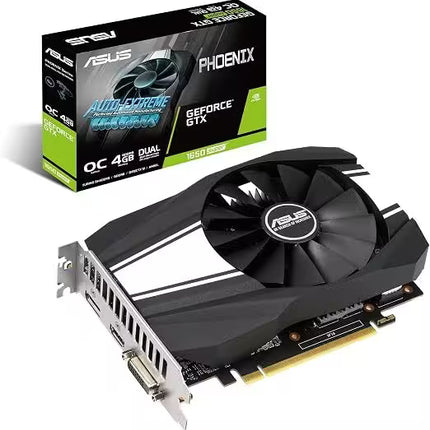 ASUS Phoenix GeForce GTX 1650 Super graphics card positioned in front of its retail box, featuring a compact single-fan design with white accent lines on a black shroud, an ASUS center logo, and an attached I/O bracket.