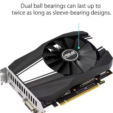 Product feature graphic titled "Dual Ball Fan Bearings" highlighting an ASUS Phoenix graphics card with an angled view of its single cooling fan, black shroud with white stripes, and an I/O bracket.