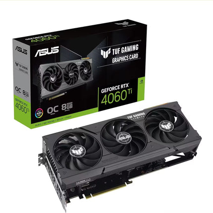 ASUS TUF Gaming GeForce RTX 4060 Ti graphics card placed in front of its retail packaging, featuring a triple-fan design, metallic dark gray shroud, and 8GB GDDR6 OC edition branding.   