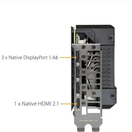 Product feature graphic showcasing the rear I/O bracket of an ASUS TUF Gaming graphics card, with text callouts highlighting 3 x Native DisplayPort 1.4a ports and 1 x Native HDMI 2.1 port, labeled on a Stainless Steel 304 mounting plate.   