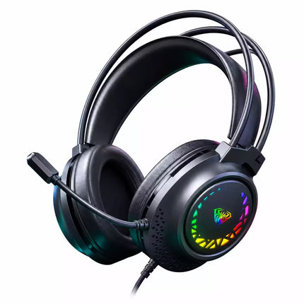 Black over-ear gaming headset with a flexible boom microphone and RGB rainbow lighting on the ear cup, shown on a plain white background.