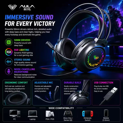 Aulx gaming headset with RGB lighting, shown in a promotional graphic with feature callouts and compatibility icons.