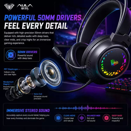 AULR gaming headset with a colorful RGB LED ring, detailed technical specifications, and marketing text highlighting 50mm drivers and immersive stereo sound.