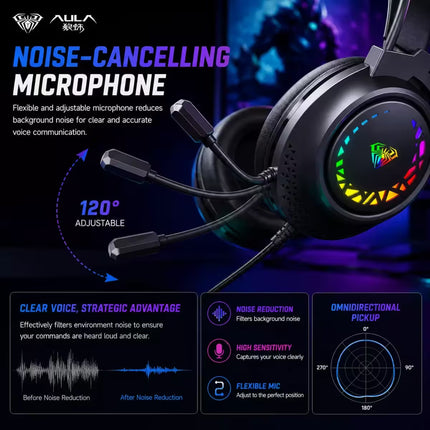 A gaming headset with an adjustable boom microphone, shown on a dark promotional background. The headset has a black body with a multicolor RGB ring on the ear cup and a visible AULA brand logo.