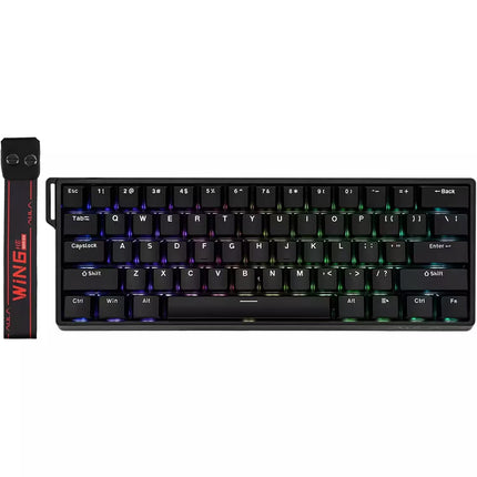 A compact black mechanical keyboard with RGB backlighting and a matching black wrist rest accessory, shown on a plain white background. The wrist rest has red and white branding that reads 'WING' and 'MANTA'.
