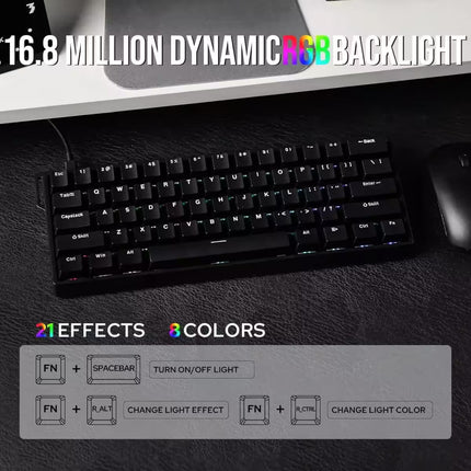 Mechanical keyboard with RGB backlighting on a desk, featuring text about dynamic RGB backlighting.