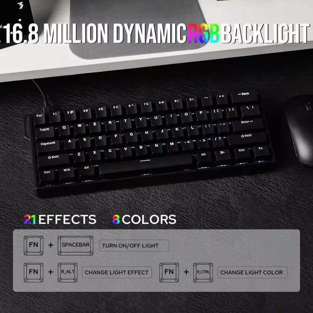 Mechanical keyboard with RGB backlighting on a desk, featuring text about dynamic RGB backlighting.