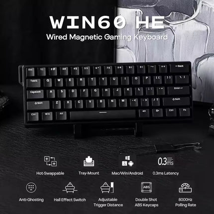 WIN60 HE wired magnetic gaming keyboard with features listed on a dark background