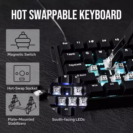 Hot swappable keyboard with labeled components on a dark background