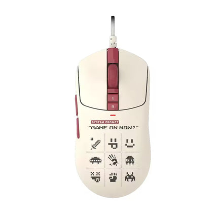 A cream-colored gaming mouse with a retro 8-bit theme, featuring a dark red scroll wheel and buttons, and black pixel-art icons on the front. The mouse is shown against a plain white background.