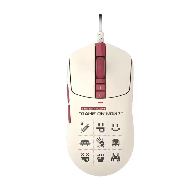 A cream-colored gaming mouse with a retro 8-bit theme, featuring a dark red scroll wheel and buttons, and black pixel-art icons on the front. The mouse is shown against a plain white background.