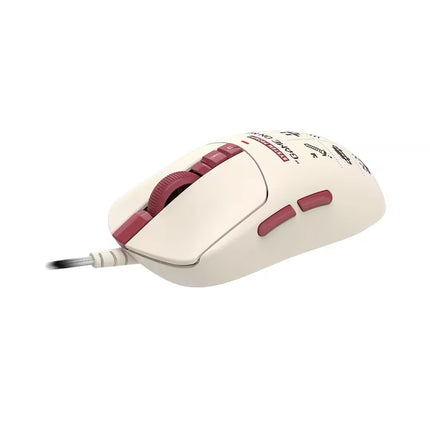 A wired gaming mouse in off-white with dusty rose accents, featuring a textured scroll wheel and printed decorative graphics on the top surface, shown against a plain white background.