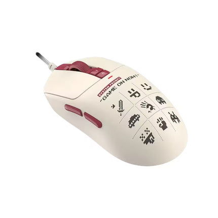 A gaming mouse in off-white with dark red buttons and scroll wheel, featuring black printed gaming icons on the top surface and the text 'GAMING MOUSE' and 'GAME ON ANYTIME' on the side.